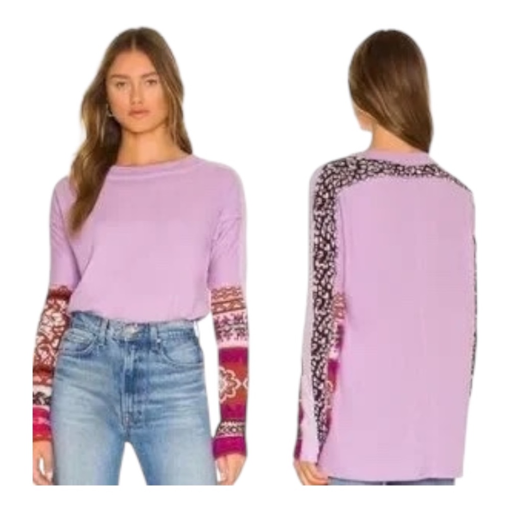 Free People Lavender Long Sleeve Tee with Patterned Sleeves